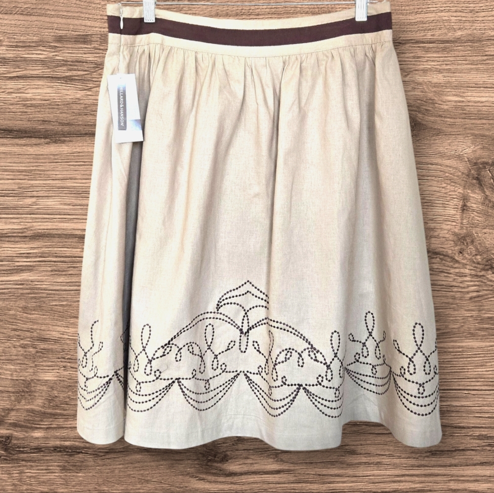 Linen Peasant Skirt Beige w Brown Embroidery Knee Length / Sz 12 - Picture 9 of 11